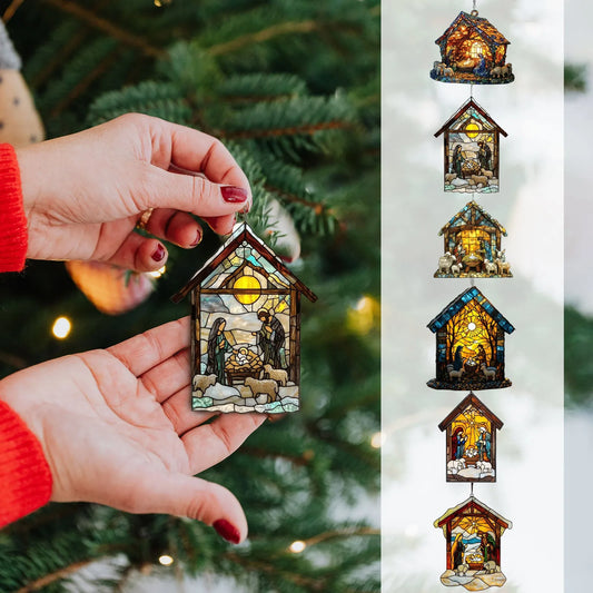 2D Handmade Sun Catcher Stained Acrylic Nativity Scene Suncatcher Window Hanging Ornament for Home Decor Christian for Family