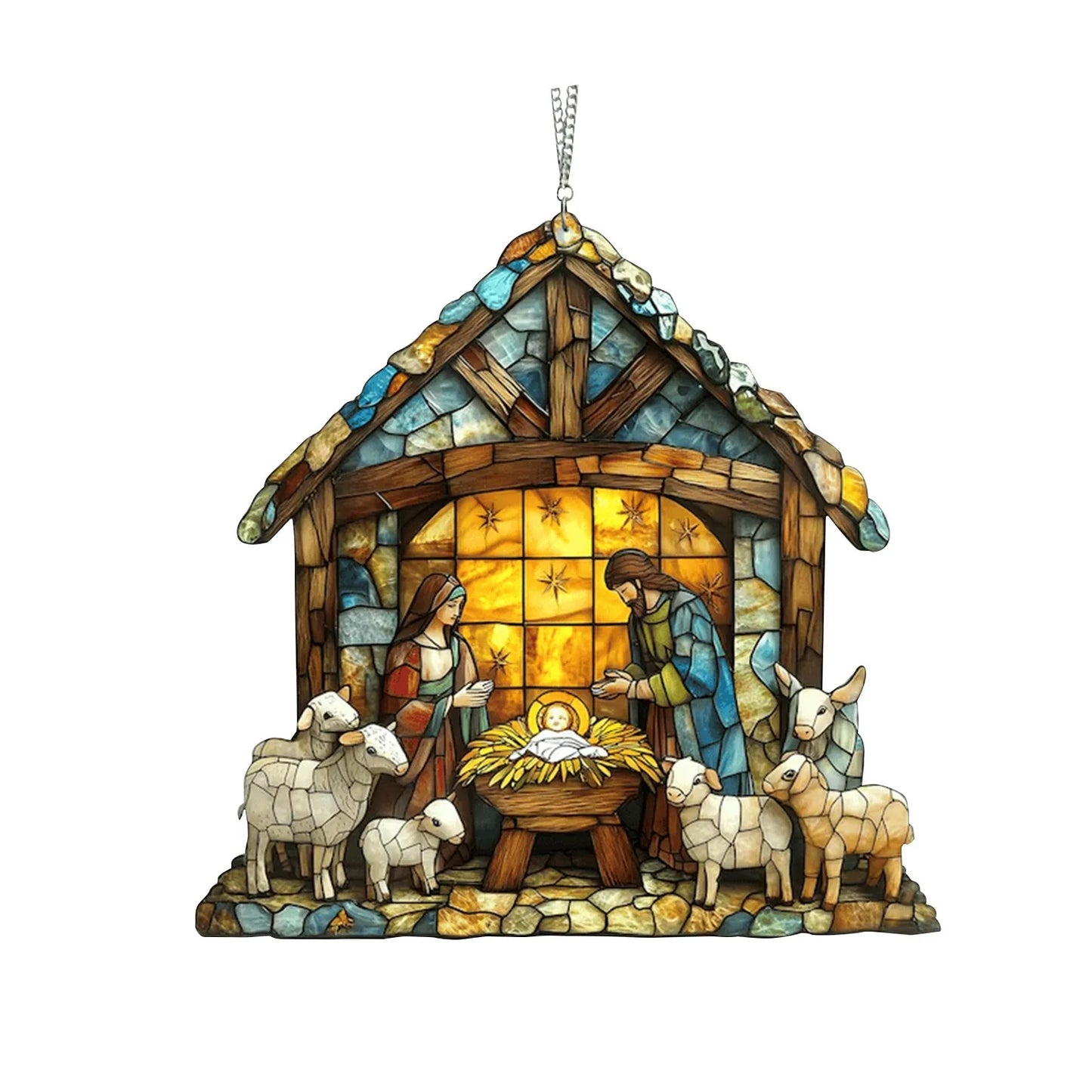 2D Handmade Sun Catcher Stained Acrylic Nativity Scene Suncatcher Window Hanging Ornament for Home Decor Christian for Family